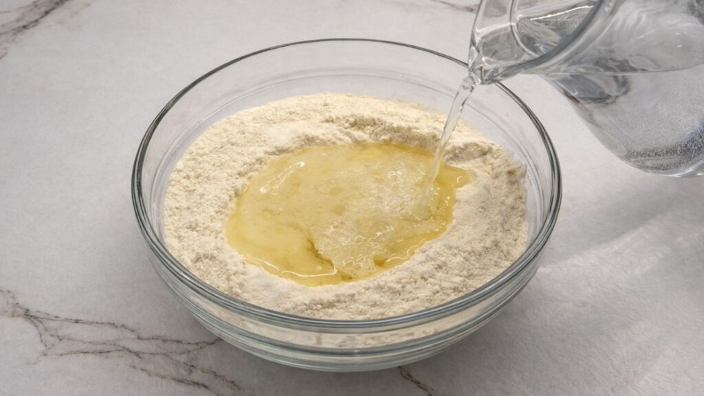 adding water, oil, and salt to flour to prepare dough for potato borek