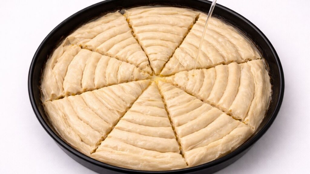 spiral potato borek cut into slices in a baking pan ready for baking