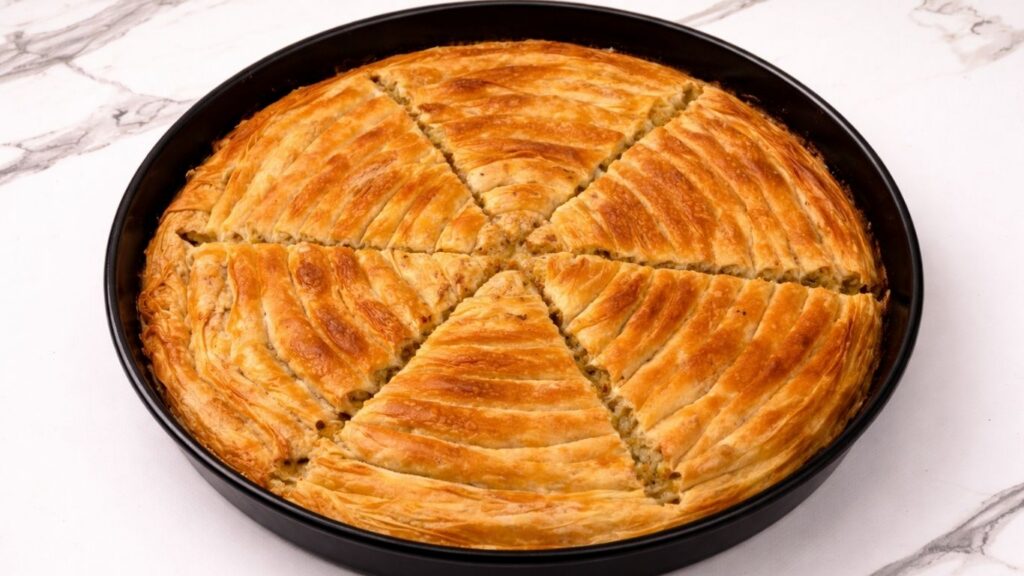 baked potato borek with a golden crispy crust in a baking pan