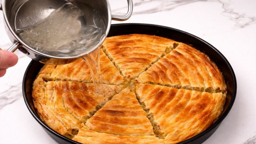 pouring a mixture of water and oil over baked potato borek in the baking pan