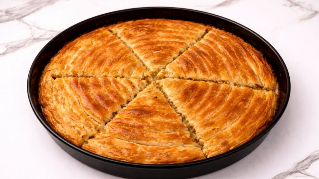 potato borek in a baking pan after being brushed with water and oil and baked until golden