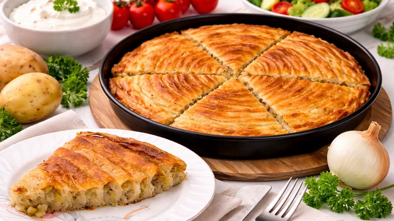 crispy potato borek in a baking pan with a slice of Balkan phyllo potato pie on a plate