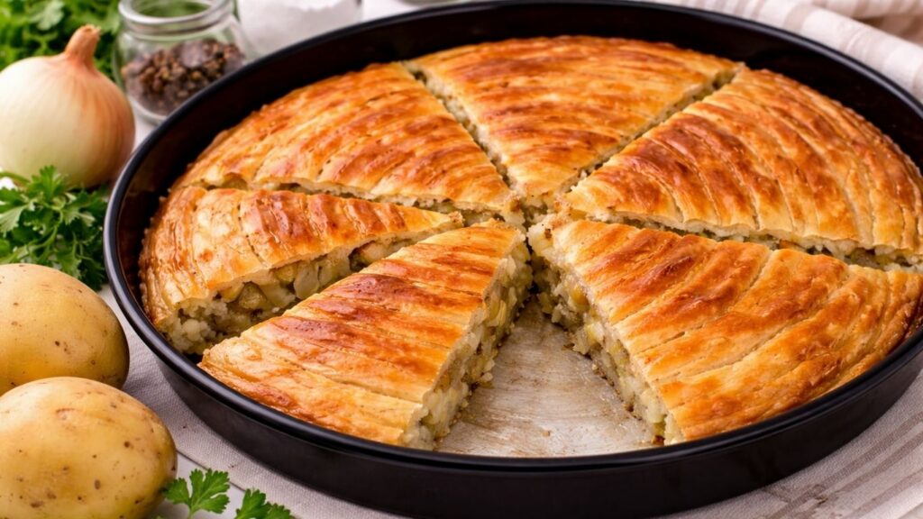 crispy potato borek in a baking pan on the table with one slice missing