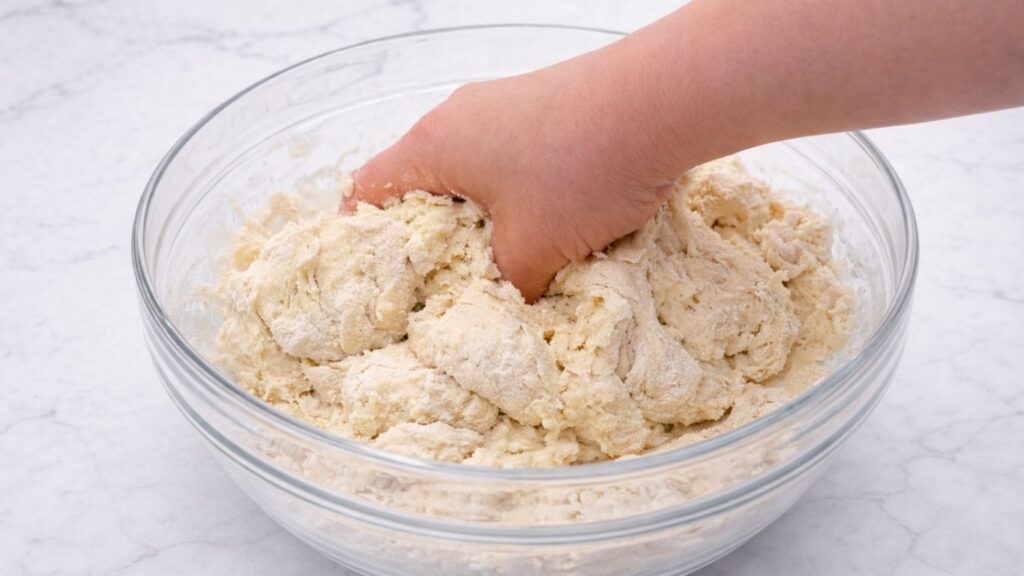 mixing dough by hand in a bowl to prepare potato borek dough