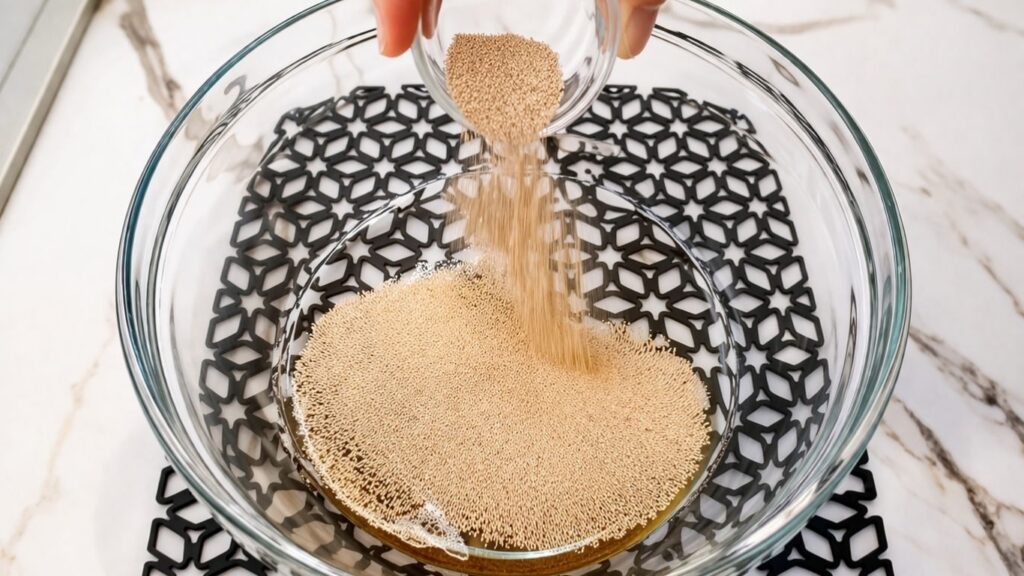 Adding dry yeast to warm water to activate it for homemade pretzel recipe.