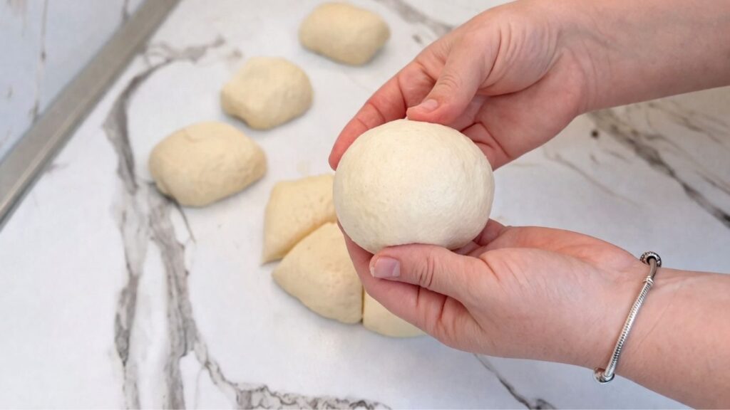 Rolling homemade pretzel dough into equal smooth balls on a work surface.