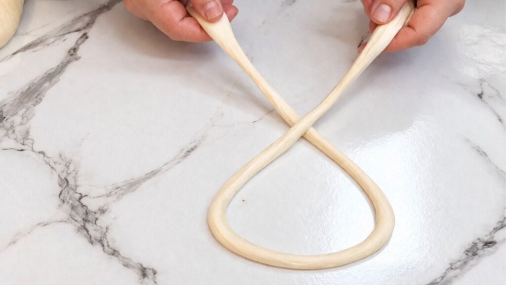 Shaping homemade pretzel dough into a classic pretzel shape by hand.