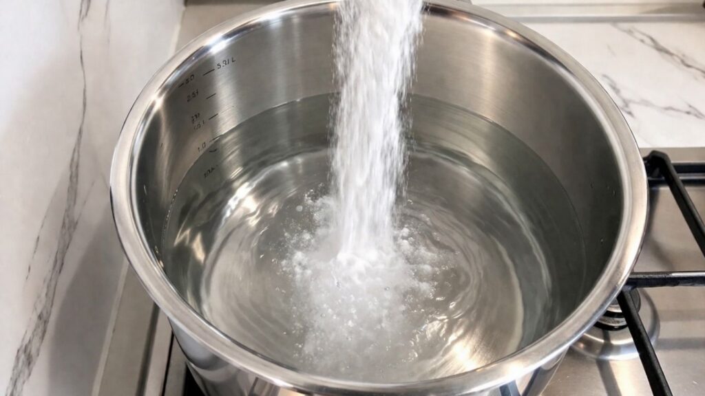 Adding baking soda to boiling water to prepare the baking soda bath for homemade pretzels.