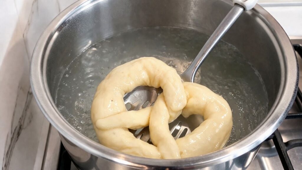 Homemade pretzel boiling in baking soda water bath in a large pot.