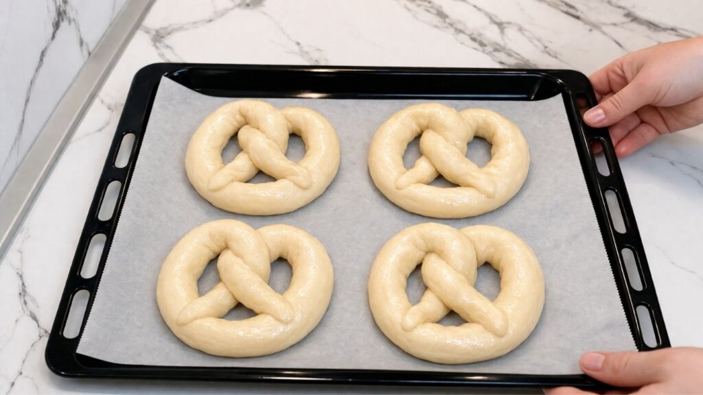 Boiled homemade pretzels arranged on a baking sheet lined with parchment paper, ready for the oven.