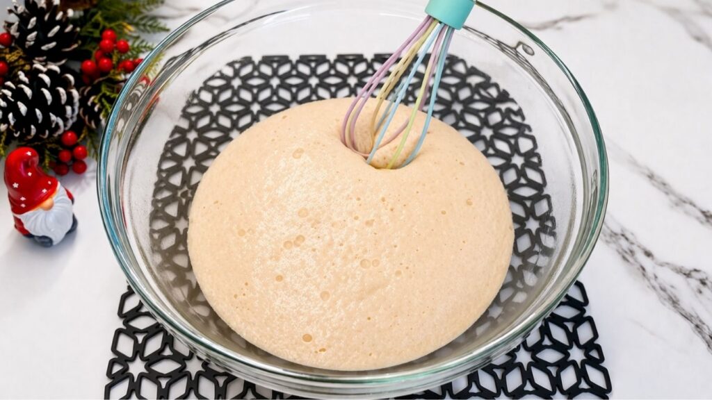 Foamy and active yeast mixture ready to use in homemade pretzel recipe.