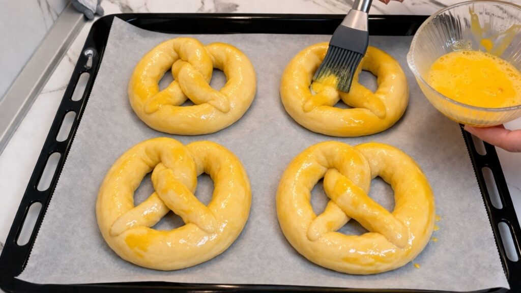 Homemade pretzels on a baking sheet being brushed with egg wash before baking.