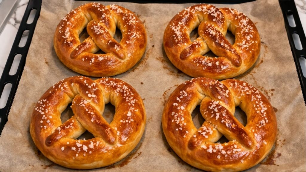 Freshly baked homemade pretzels on a baking sheet, golden brown with coarse salt topping, straight out of the oven.