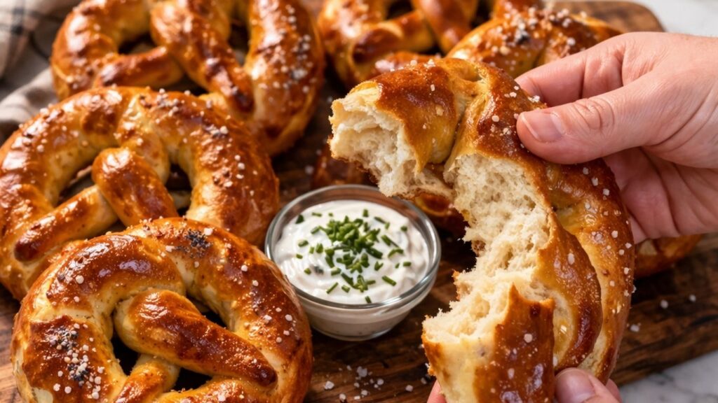 Homemade pretzel broken in half showing soft and chewy interior.