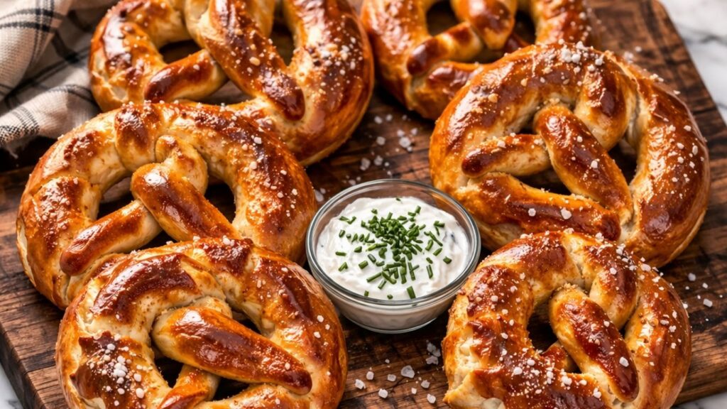 Freshly baked homemade pretzels served on a wooden board, golden brown and topped with coarse salt.