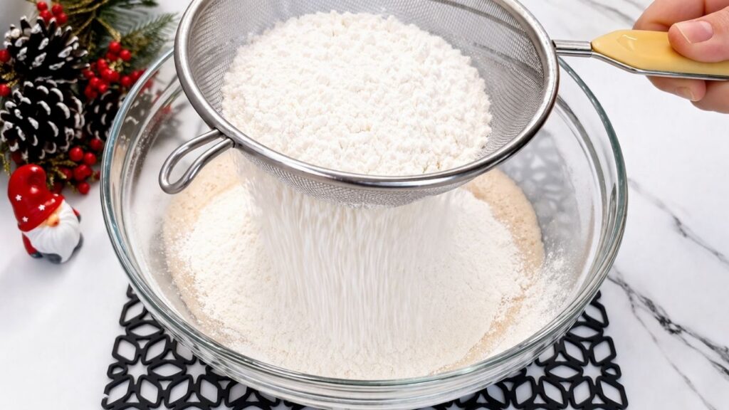 Sifting flour into the foamy yeast mixture to start the homemade pretzel dough.