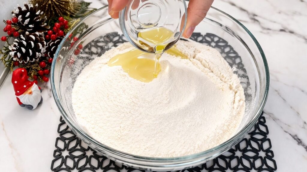 Adding oil to the homemade pretzel dough mixture.