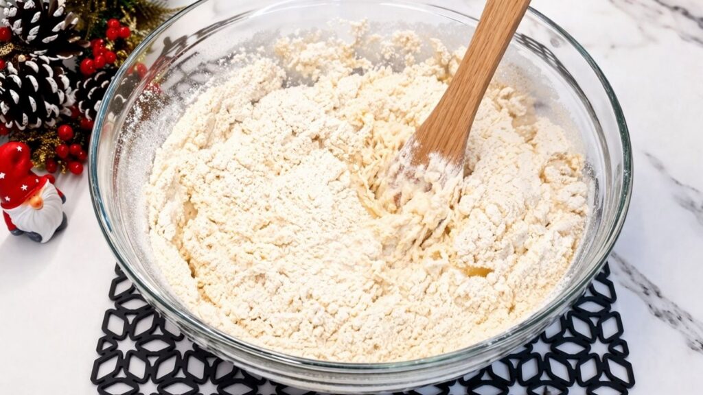 Mixing homemade pretzel dough with a wooden spoon until it comes together.