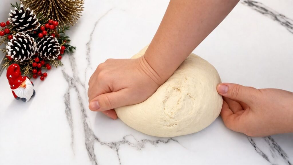Kneading homemade pretzel dough by hand in a bowl until smooth and elastic.