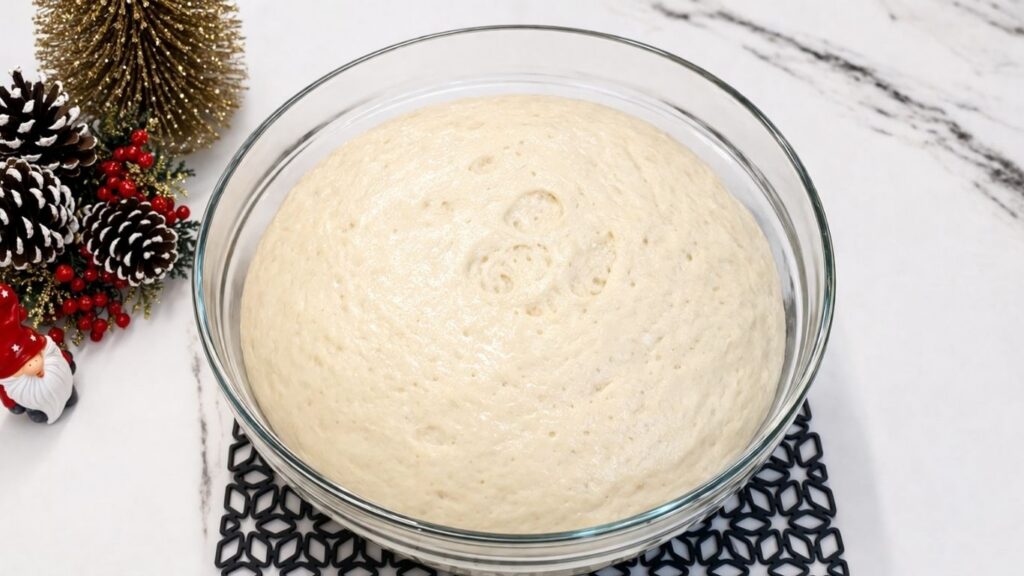 Homemade pretzel dough risen and doubled in size after one hour of resting.