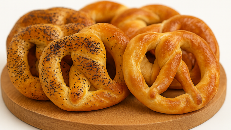 Freshly baked homemade pretzels on a wooden board, golden brown and topped with coarse salt.