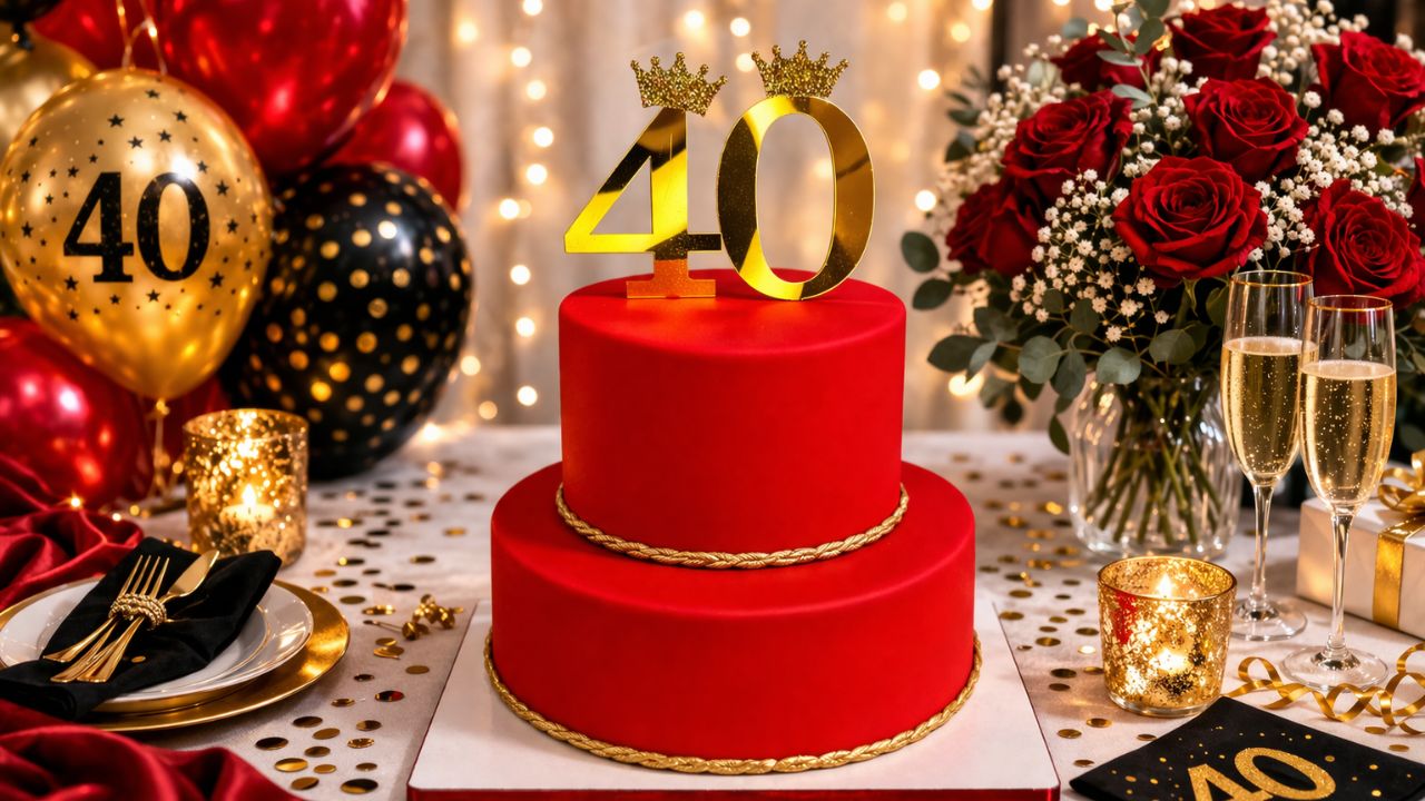 Two-tier red and gold fondant 40th birthday cake with a golden crown topper and gold rope border