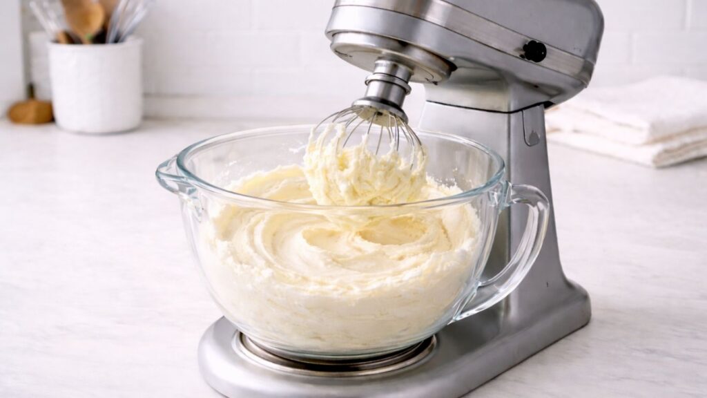 Perfectly whipped butter in stand mixer bowl - pale, fluffy, and doubled in volume for buttercream recipe
