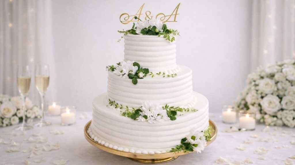 Elegant white wedding cake with buttercream frosting decorated with fresh flowers and greenery