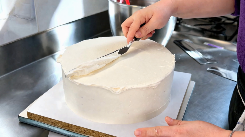 
Applying and smoothing buttercream on a two-tier 40th birthday cake before fondant decorating