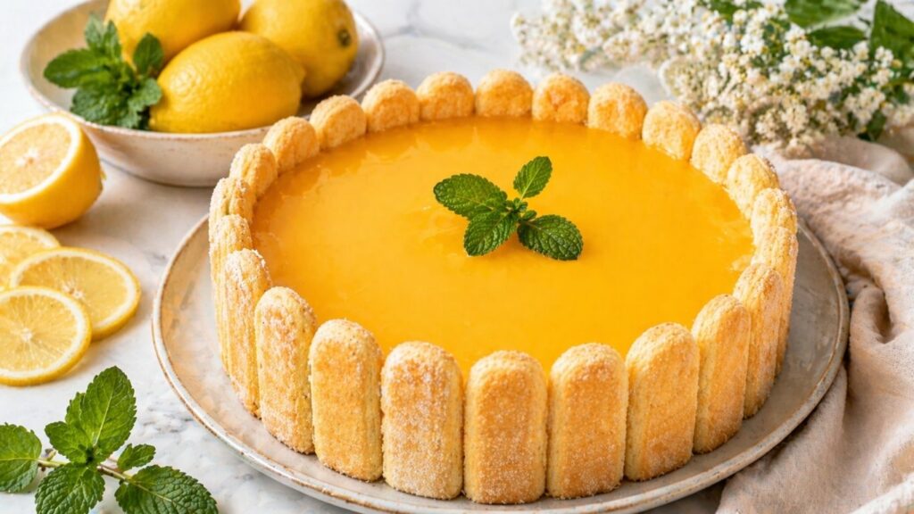 No-bake lemon cake with ladyfingers, glossy lemon glaze, and fresh mint on top