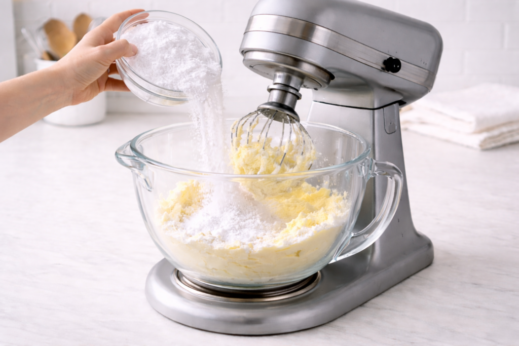 Gradually adding powdered sugar to whipped butter in stand mixer while mixing buttercream ingredients.