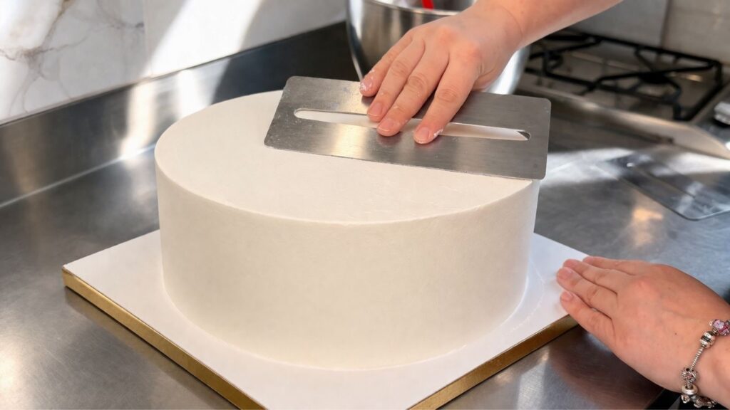 
Applying and smoothing buttercream on a two-tier 40th birthday cake before fondant decorating