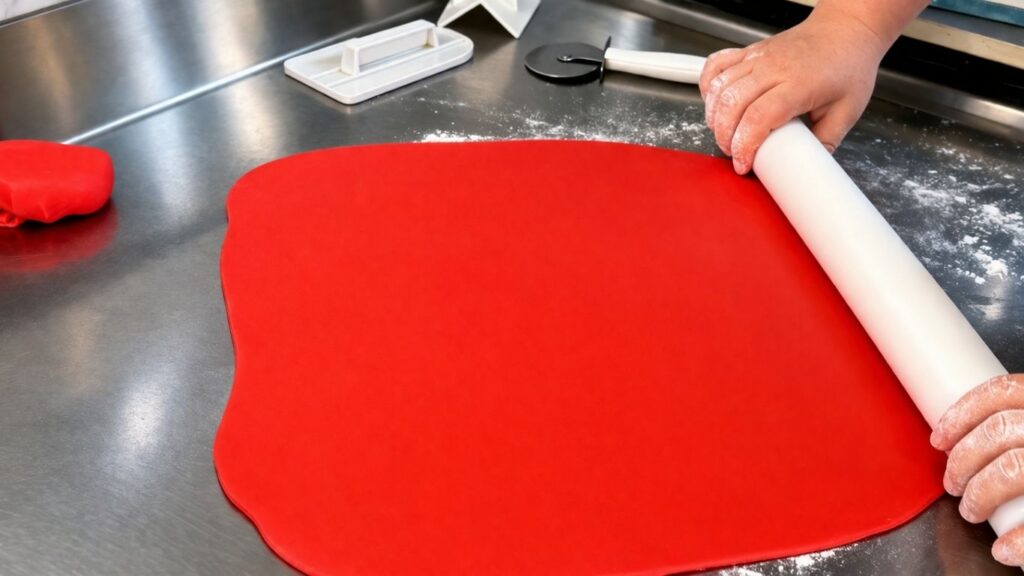 Rolling out red fondant with a rolling pin for a 40th birthday cake decorating tutorial