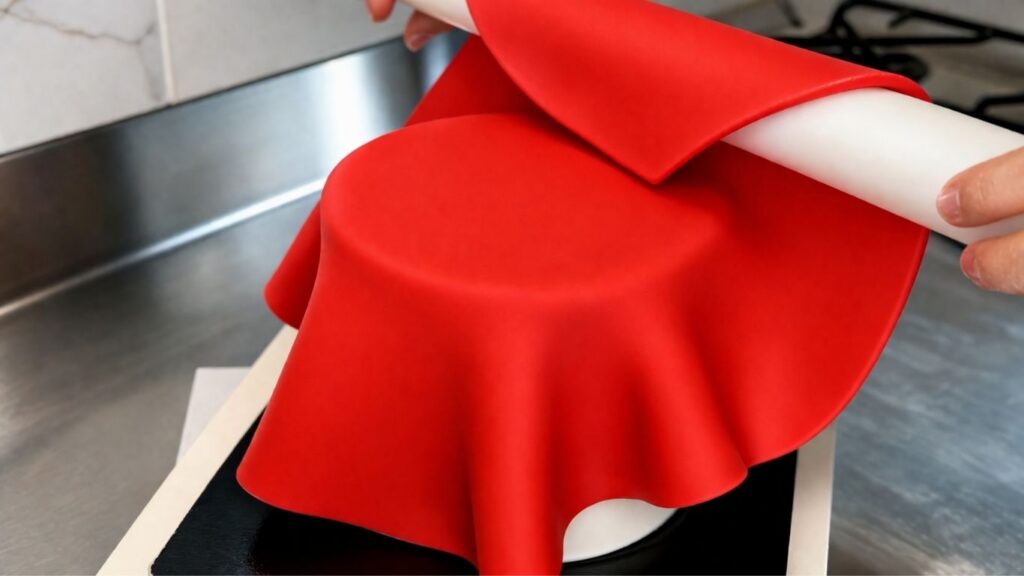 Covering a two-tier 40th birthday cake with red fondant using a rolling pin