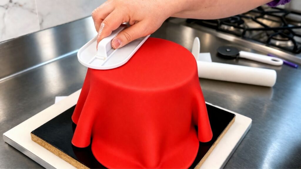 Smoothing red fondant on a two-tier 40th birthday cake with a cake smoother for a perfect finish