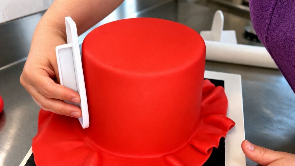 Smoothing red fondant on a two-tier 40th birthday cake with a cake smoother for a perfect finish