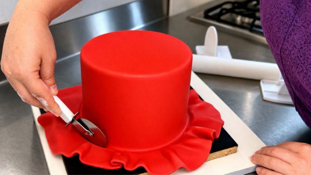 Trimming excess red fondant from a two-tier 40th birthday cake with a pizza cutter