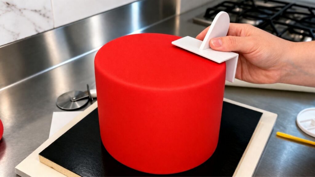 Smoothing red fondant on a two-tier 40th birthday cake with a cake smoother for a perfect finish