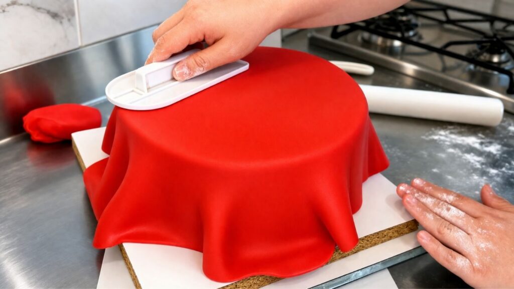 Smoothing red fondant on a two-tier 40th birthday cake with a cake smoother for a perfect finish