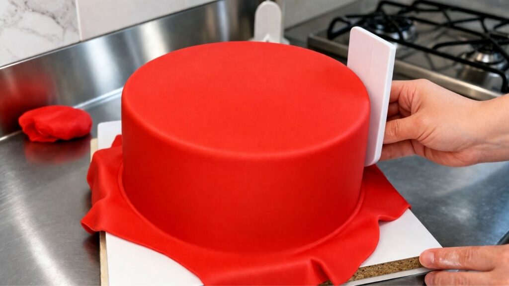 Smoothing red fondant on a two-tier 40th birthday cake with a cake smoother for a perfect finish