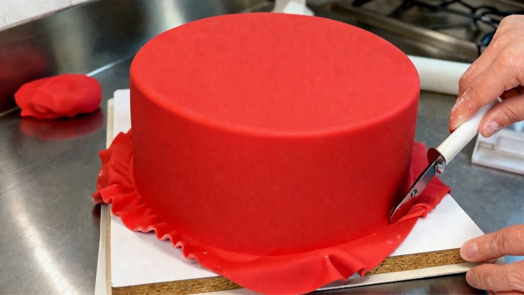 Trimming excess red fondant from a two-tier 40th birthday cake with a pizza cutter