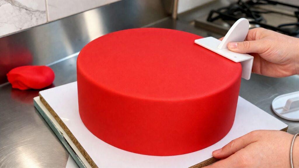 Smoothing red fondant on a two-tier 40th birthday cake with a cake smoother for a perfect finish