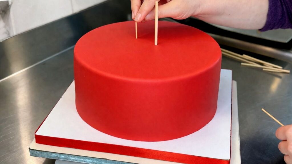 
Inserting wooden dowels into the bottom tier of a two-tier 40th birthday cake for support