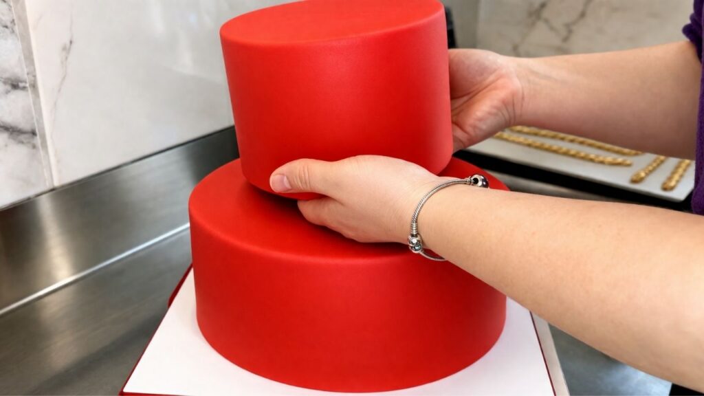 Assembling two tiers of a red and gold fondant 40th birthday cake by placing the top tier on the bottom tier