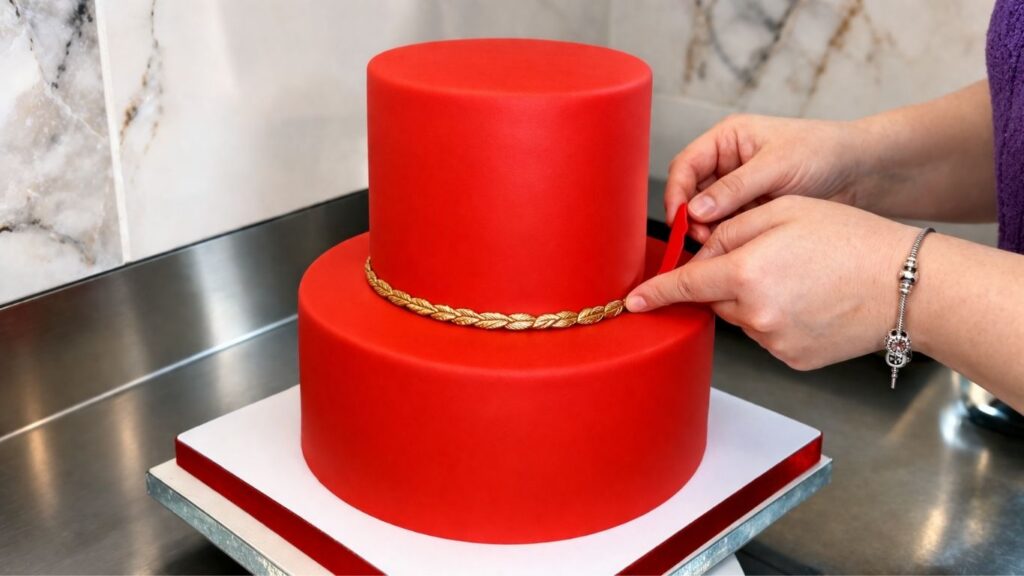 Attaching gold rope border made with Wilton fondant mold on a two-tier red fondant 40th birthday cake
