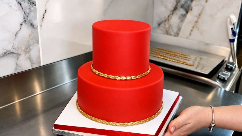 Attaching gold rope border made with Wilton fondant mold on a two-tier red fondant 40th birthday cake