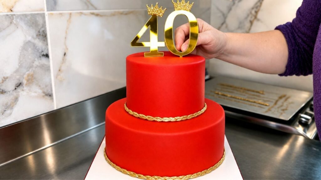 Two-tier red and gold fondant 40th birthday cake with gold rope border and crown number 40 topper on a work surface