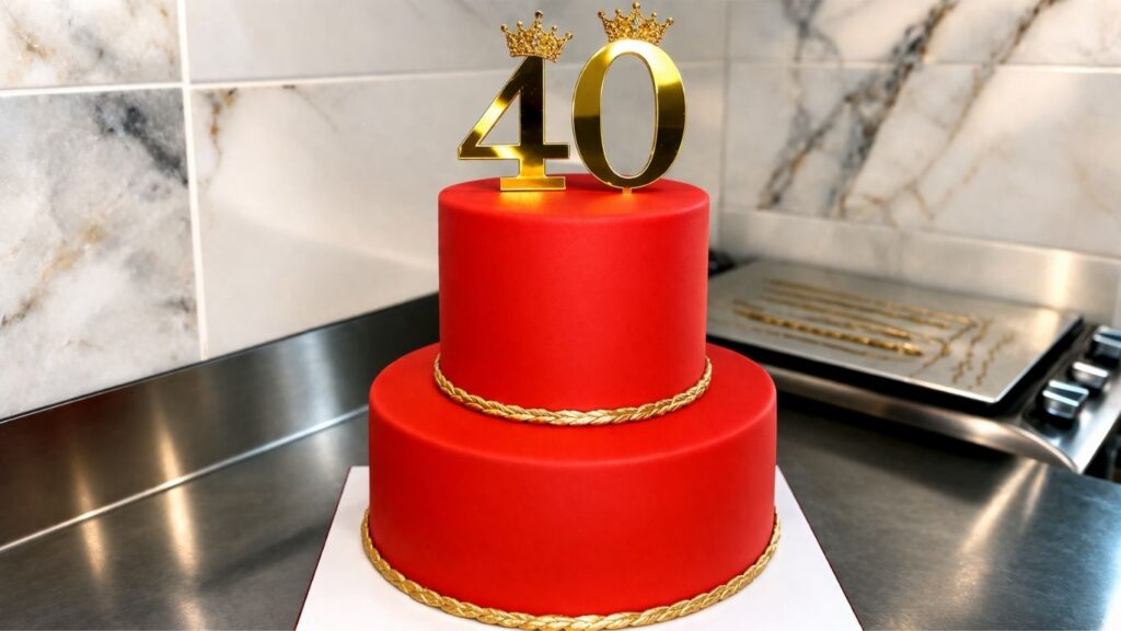 Two-tier red and gold fondant 40th birthday cake with gold rope border and crown number 40 topper on a work surface
