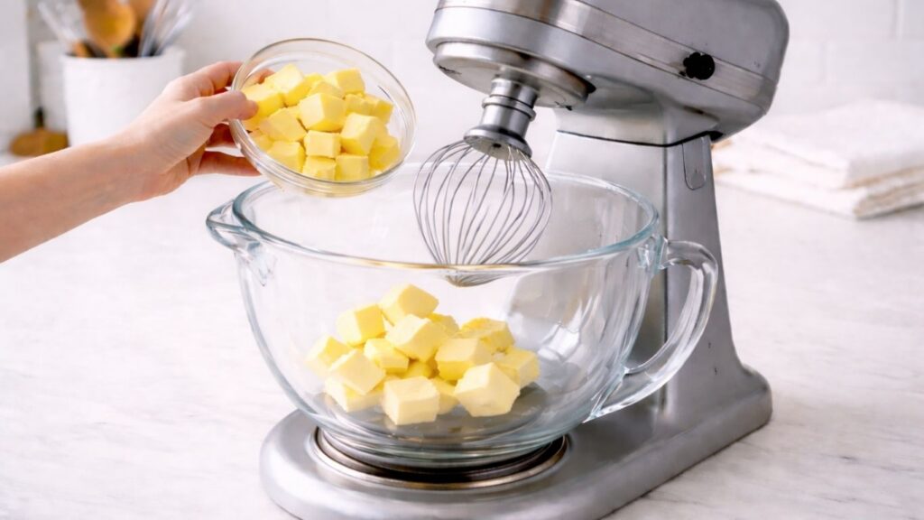 Room temperature softened butter being placed in a stand mixer bowl ready to be whipped for buttercream