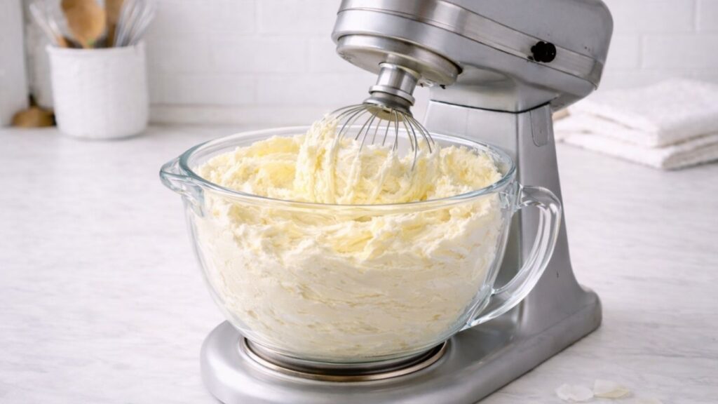 Finished buttercream frosting - smooth, fluffy, and creamy texture ready for cake decorating and piping